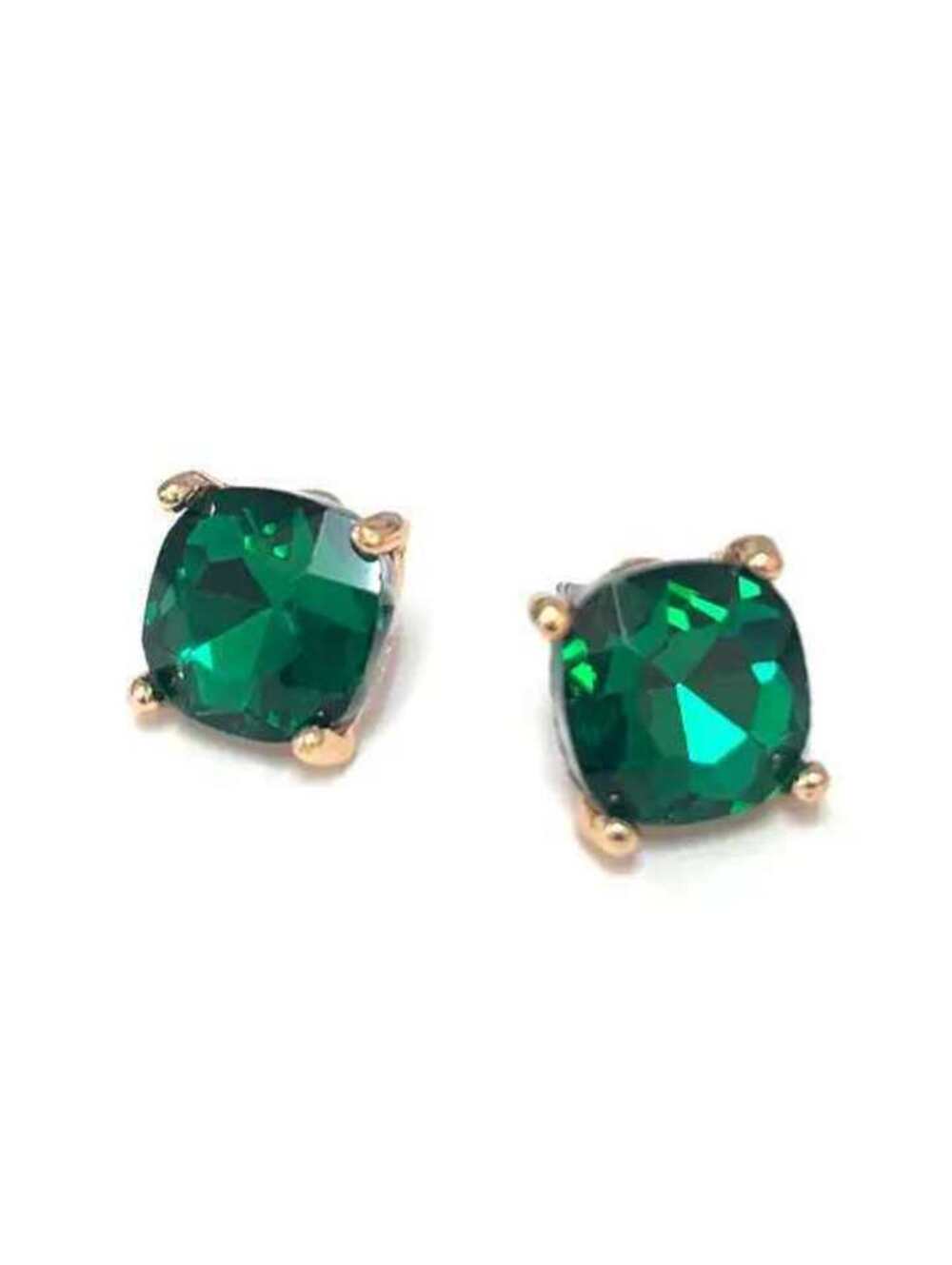 12mm Cushion Cut Square Crystal Glass Bead Stud Earrings Gold Emerald Green